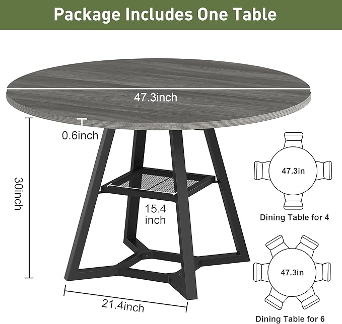 Round Dining Table for 4-6 with Storage Shelf, Kitchen & Dining Room Circle Pedestal Table, Heavy Duty Metal Frame & Wood Top