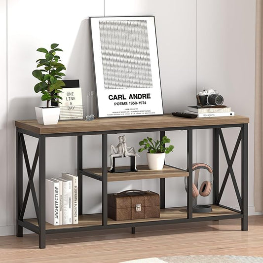 FOLUBAN TV Stand for TVs up to 55 Inch, Rustic Wood and Metal Entertainment Center with Storage, Modern Industrial Media TV Console Table for Living Room Bedroom, Oak 47 Inch