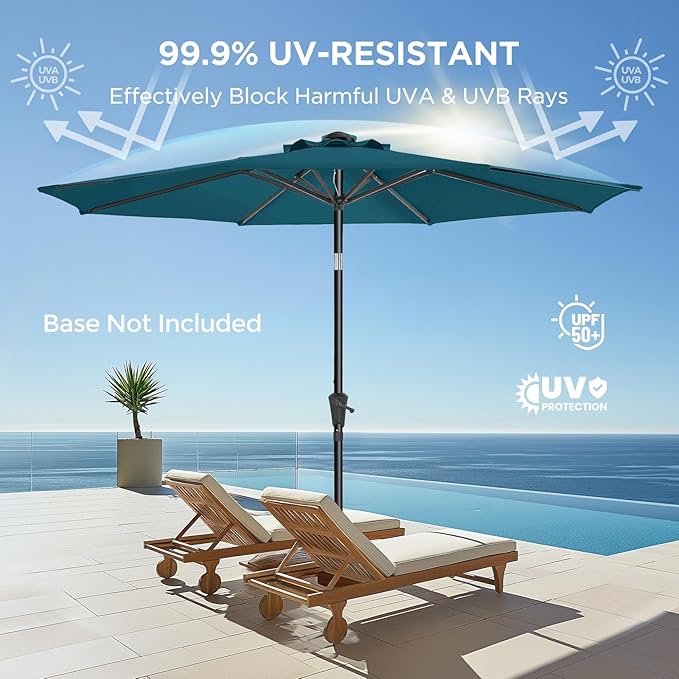 HOMSHADE Outdoor Patio Umbrella - Market Table Pool Deck Umbrella with Push Button Tilt, Crank, UPF50+ UV Protection and Sturdy Ribs, 3-Year Fade Resistance, 220GSM Solution-Dyed Fabric (No base)