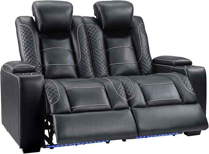 ANJ Power Reclining Loveseat, 2-Seater Electric Recliner Sofa with LED Lights, USB Charging & Cup Holders, Faux Leather Living Room Furniture for Home Theater, Small Spaces & RV (Black)