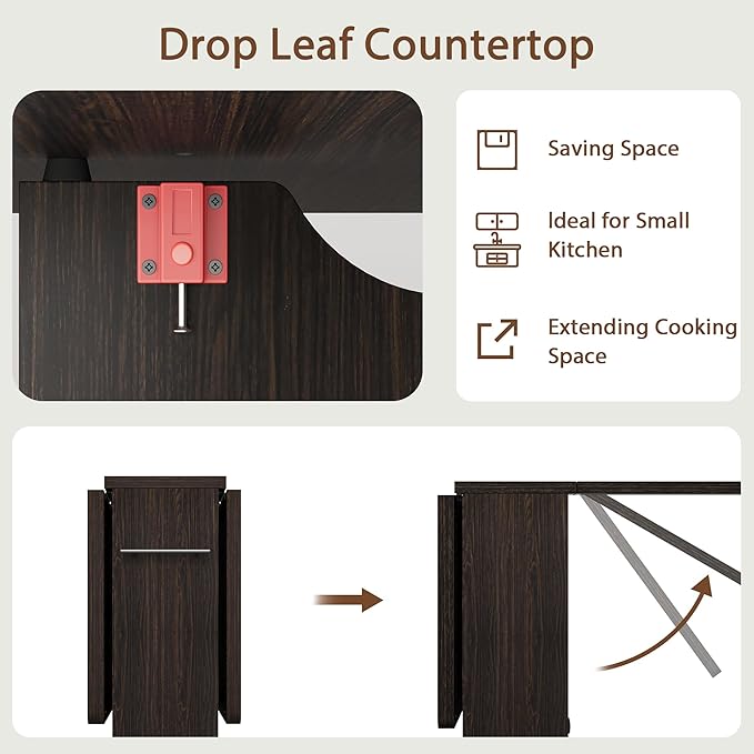 GarveeHome Folding Dining Table, Space Saving Farmhouse Dining Table for 4 Storage Shelf, 6 Wheels Multipose Expandable Kitchen Drop Leaf Table for Small Spac