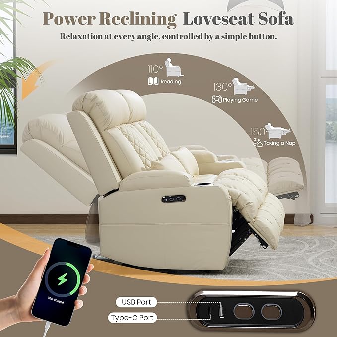 Zero Wall Hugger Power Reclining Sofa Set with Adjustable Headrest, Electric Reclining Couch with Drop-Down Table,Outlets, Power Loveseat Recliner Sofa for Living Room | Cat-Proof Leather