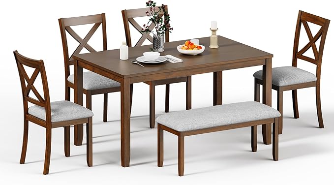 6-Piece Wooden Dining Table Set, Dining Table Set for 6, Including 1 Dining Table, 4 Upholstered Chairs and 1 Bench, Wooden Legs Dining Table, Table Set for Dining Room & Kitchen, Walnut