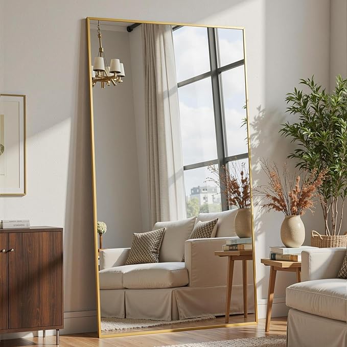 Full Length Mirror, 75"x36" Full Body Mirror, Floor Mirrors with Stand, Body Mirrors Standing Hanging Leaning Against Wall,Aluminum Frame Mirrors for Bedroom Cloakroom,Living Room,Gold