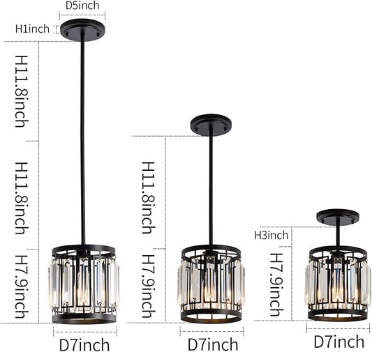 Modern One- Light 1XE26 Pendant Light Ceiling Hanging Light Fixture with K9 Crystals for Kitchen Restaurant Cafe Dining Room Island Light Black