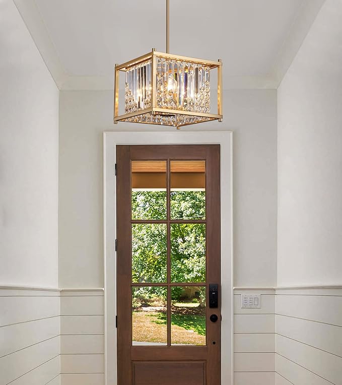 Q&S Gold Chandelier,Modern Industrial Gold Square Crystal Chandeliers 4 Lights Hanging Pendant Light Fixture for Dining Room Hallway Entryway Kitchen Island UL Listed
