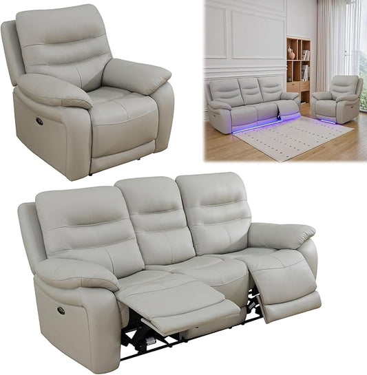Power Reclining Sofa Set, Genuine Leather Recliner Sofa Set,Living Room Furniture Setwith USB Charging and LED Lights,for Living Room/Apartment/Office/Home Theather,Light Grey,C+S