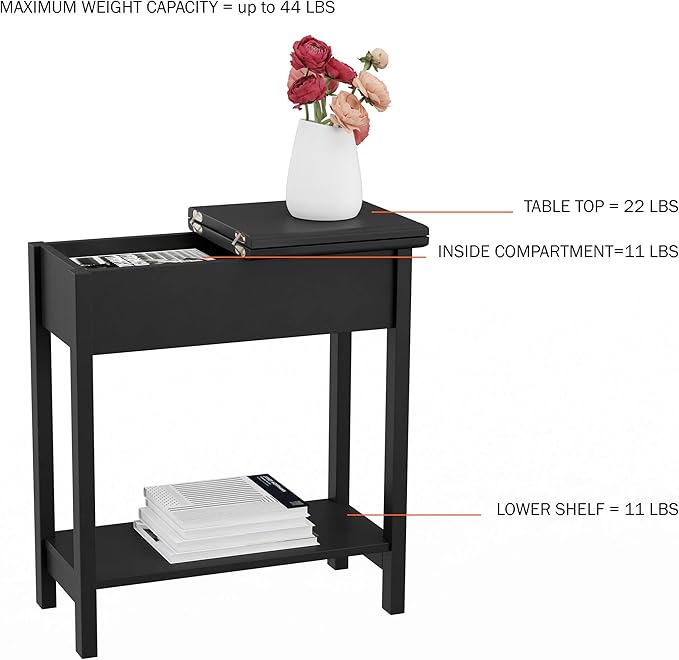 Lavish Home Flip Top End Table - Narrow End Table and Slim Console with Storage Compartment and Lower Shelf for Living Room, Hallway, Entryway and Small Spaces (Black)