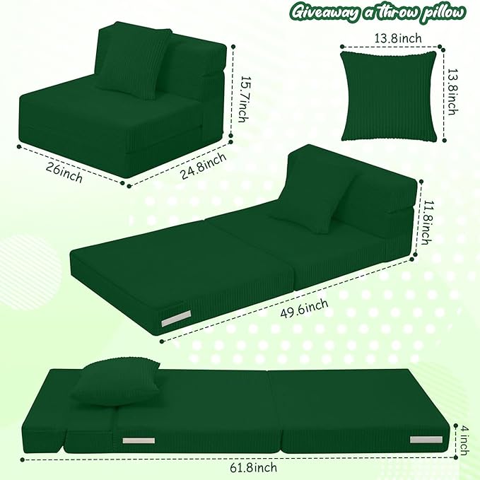 MeMoreCool Folding Sofa for Kids, Corduroy Fold Out Futon Chair, Small Foldable Floor Mattress, Portable Children Couch Sofa, Green