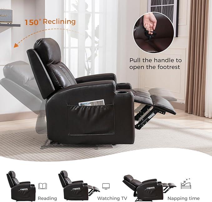 CANMOV Manual Massage Heat Recliner Chair Set of 3,Breathable Leather Recliner Chair with Armrest and Backrest, Manual Reclining Single Sofa with 2 Cup Holders, Side Pocket for Living Room,Dark Brown