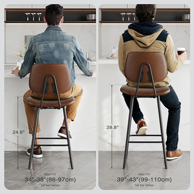24-Inch Leather Bar Stools Set of 2, Counter Height Barstools with High Backrest，Bar Chairs for Kitchen Island with Heavy Duty Metal Legs, Dark Brown