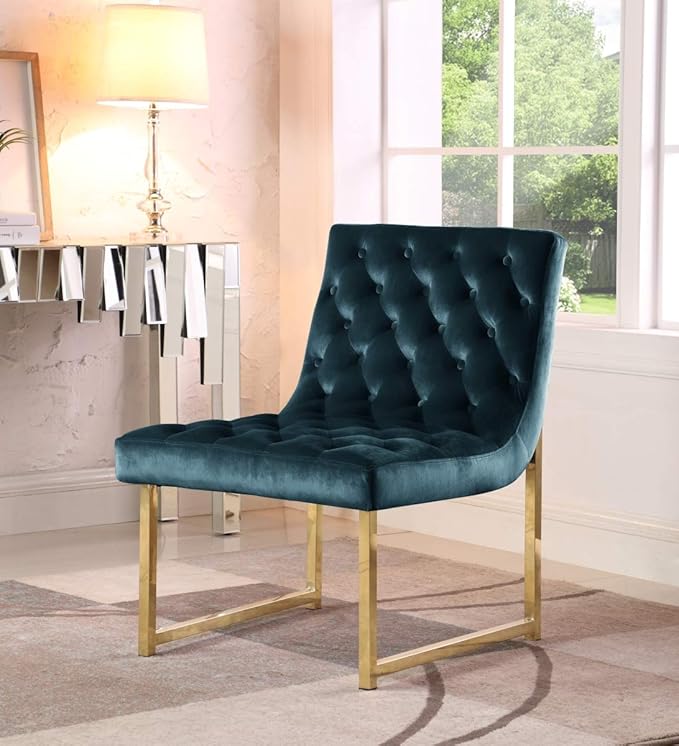 Iconic Home Moriah Accent Chair Sleek Elegant Tufted Velvet Upholstery Plush Cushion Brass Finished Polished Metal Frame, Contemporary Modern, Green