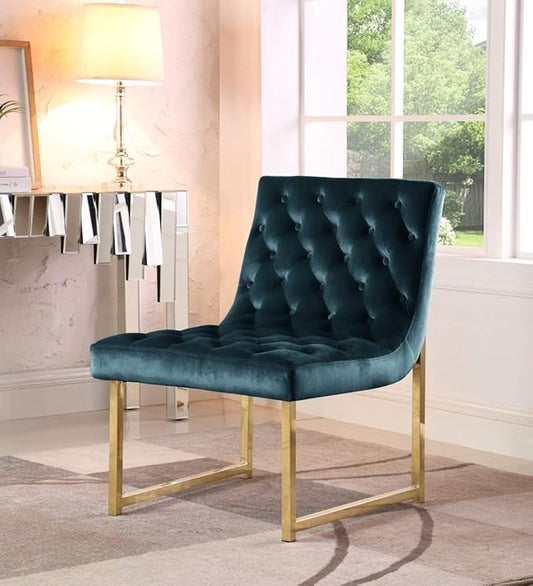 Iconic Home Moriah Accent Chair Sleek Elegant Tufted Velvet Upholstery Plush Cushion Brass Finished Polished Metal Frame, Contemporary Modern, Green