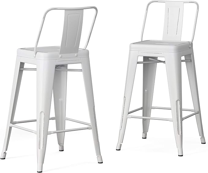 SIMPLIHOME Rayne Counter Stools (Set of 2) - 24 Inch Seat Height Metal Kitchen Seats in Distressed White, Industrial Seating for Dining Room or Kitchen with Curved Backrest and Footrest