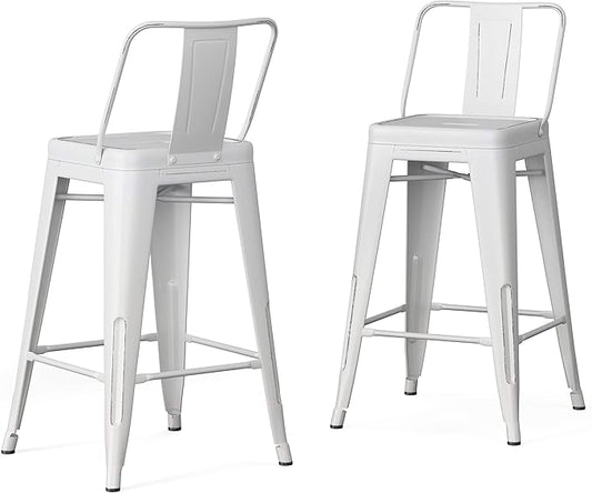 SIMPLIHOME Rayne Counter Stools (Set of 2) - 24 Inch Seat Height Metal Kitchen Seats in Distressed White, Industrial Seating for Dining Room or Kitchen with Curved Backrest and Footrest
