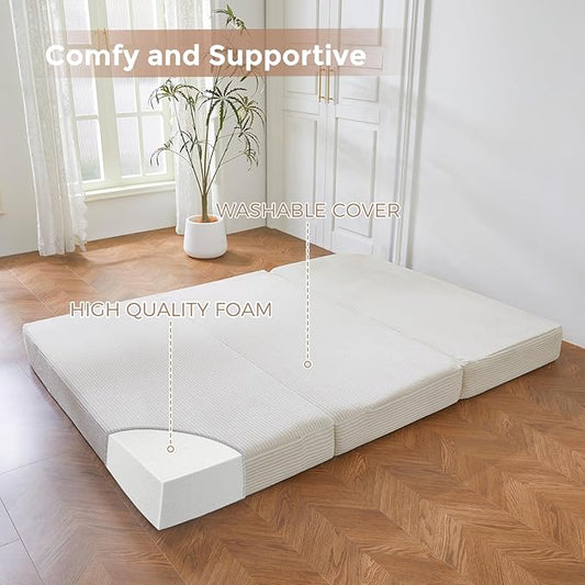 BYBYME Corduroy Tri-Folding Mattress, 6 Inch Gel Folding Mattress Topper, Foldable Soft Guest Bed Camping Pad, Washable Cover (Beige, Queen)