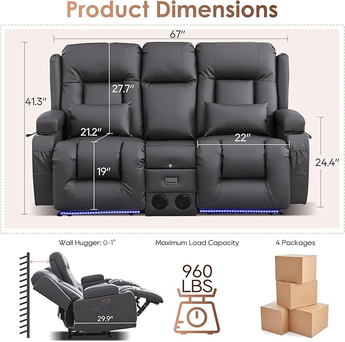 TUNYI Wall Hugger Loveseat Recliner Sofa with Console, Power Reclining Loveseat RV Couch with Massage & Heat/USB/Outlet/Storage/LED Light/Speaker (Light Grey, 2 Seat with Console)