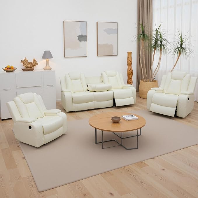 Power Recliner Sofa and 2 Chairs, Air Leather Reclining Set with LED/Cup Holders/Storage, 3 Pieces Reclining Living Room Furniture, Creamy White Leather Couches for House/Apartment/Office