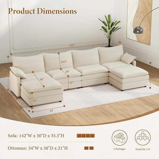 Vesgantti 135" U Shaped Modular Sectional Sofa, Oversized Cloud Couch with Ottoman Deep Seat Chenille Cloud Sofa, Large Sectional Couches Set for Living Room, Bedroom and Apartment, Blue | Sink-in Comfort, Height Adjustable, Easy Rearrangement, Extra-d...