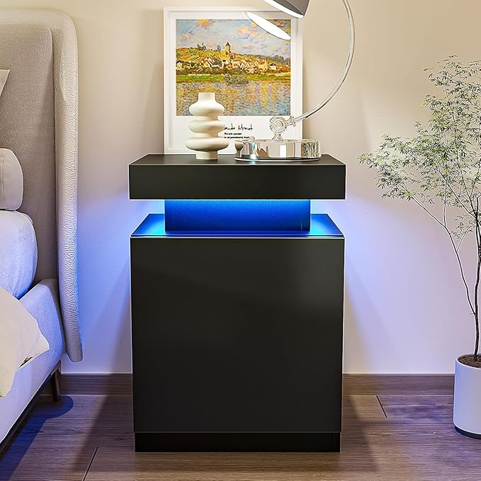 Nightstands Set of 2, 17.7 Inches LED Night Stand Set 2 with Charging Station, Bedside Table with Sliding Top Storage, Modern End Table for Bedroom, Black