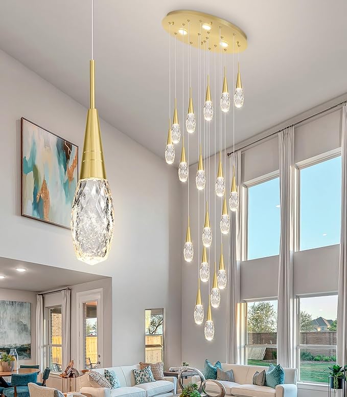 18-Lights 138 Inches Modern Chandelier LED Light Fixtures High Ceiling Long Light Chandelier for Entrance Foyer Dimmable Lights with Remote Living Room Ceiling Pendant Lighting Drop Lights Shine Gold