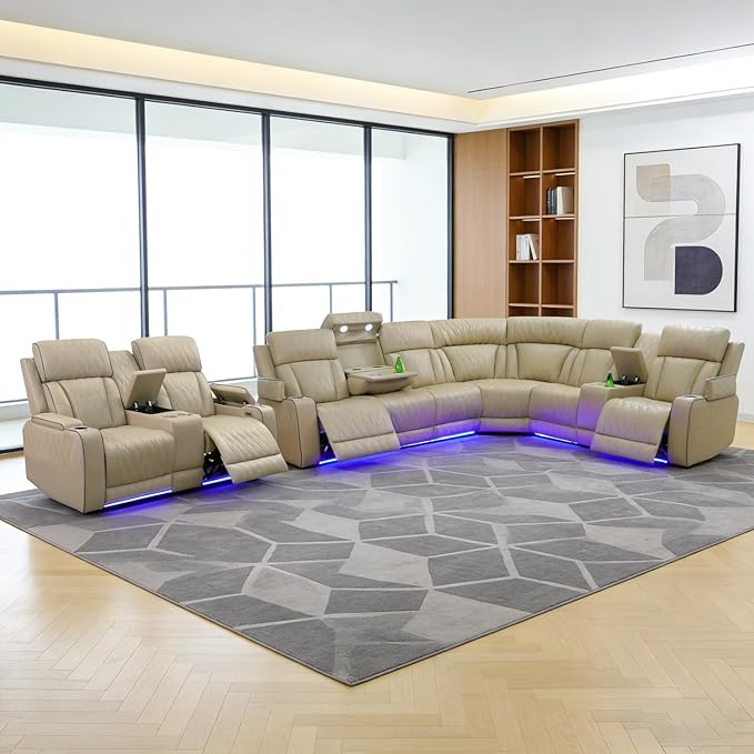 Power Recliner Sectional Sofa Set, Beige Leather Sectional Couch and Loveseat for Living Room, L Shape Reclining Sofa with Cup Holder, Hidden Storage, Drop-Down Table for House(8 Seat)