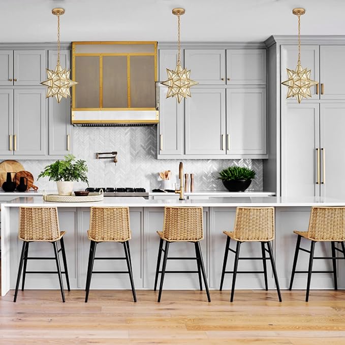 DIRYZON Modern Gold Moravian Star Pendant Light for Kitchen Island 16-Inch Hanging Ceiling Light Seeded Glass Single Pendant Light with Chain