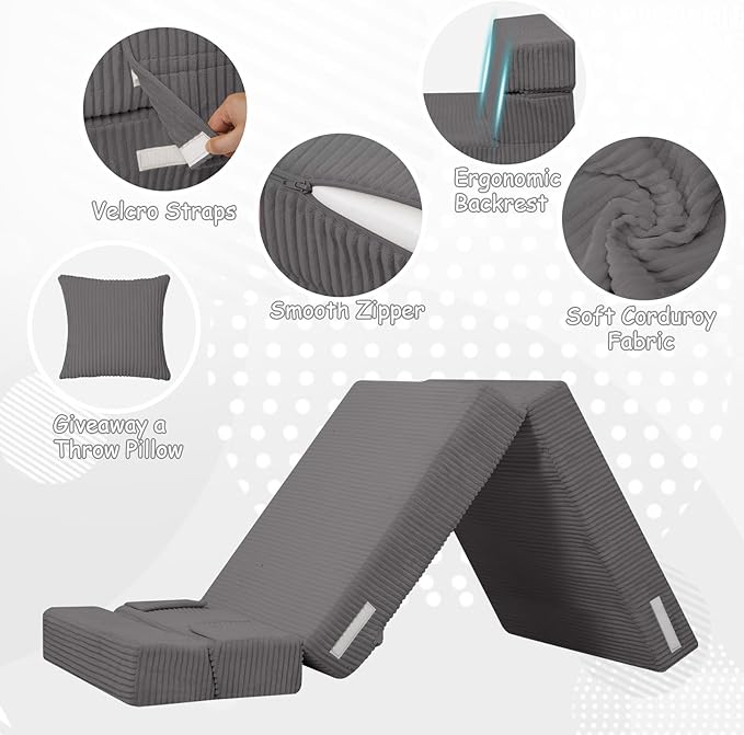 MeMoreCool Kids Folding Sofa Chair – Corduroy Floor Futon, Tri-Fold Mattress, Dark Grey, Portable, Washable Cozy Fold-Out Floor Couch | Foam Lounger for Sitting, Reading, Playroom, Travel