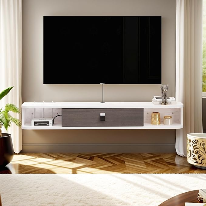 Pmnianhua Modern Floating TV Stand, 47'' Wall-Mounted Media Console with Storage for Bedroom, Living Room (Grey-White) | Modern, Wall-Mounted, with Storage