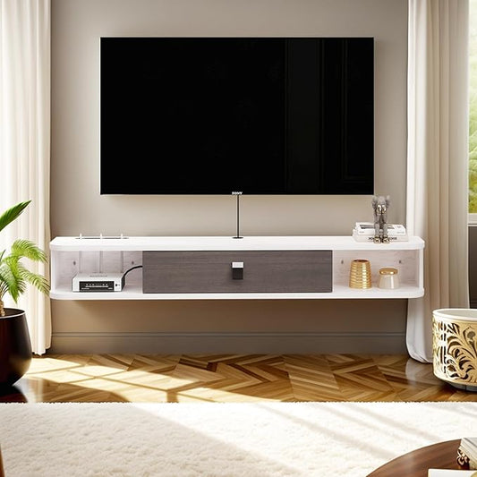 Pmnianhua Floating TV Console, 70'' Wall-Mounted Media Console TV Cabinet Floating TV Stand Entertainment Shelf with Door and Storage (Grayish-White)