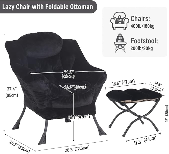 Lazy Chair with Ottoman, Modern Chair with Folding Footrest, Plush Black Accent Chair, Comfortable Reading Chair, Oversized Armchairs for Bedroom, Study, Living Room, Courtyard