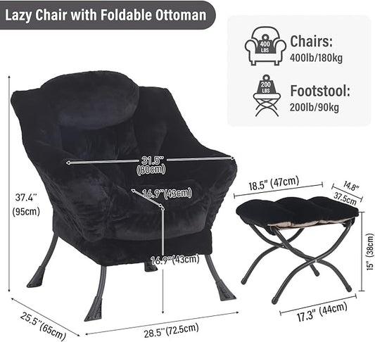 Lazy Chair with Ottoman, Modern Chair with Folding Footrest, Plush Black Accent Chair, Comfortable Reading Chair, Oversized Armchairs for Bedroom, Study, Living Room, Courtyard