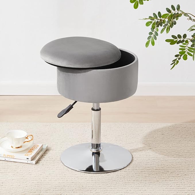Adjustable Ottoman Stool Grey Vanity Stool Vanity Chair for Makeup Room Stool Chair for Vanity Stool with Storage Makeup Stools with Storage Swivel Makeup Chair for Bathroom Velvet