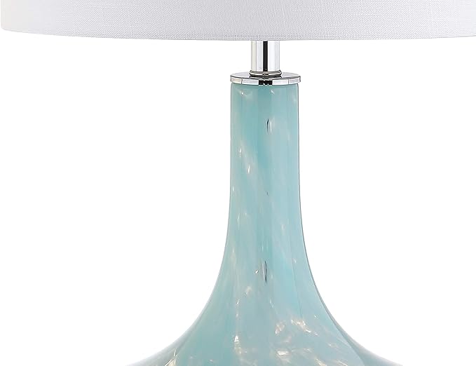 JONATHAN Y 29" Ice Blue Teardrop Glass LED Table Lamp, Contemporary Gourd Lamp with White Linen Drum Shade and Chrome Base for Living Room Bedroom, LED Bulb Included JYL2001A
