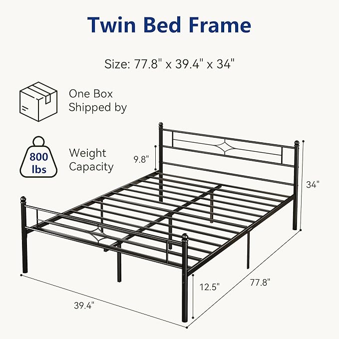 Metal Bed Frame Twin Size - 14 Inch Platform Bed Frame with Headboard/Heavy Duty Sturdy Mattress Foundation/No Box Spring Needed/Easy Assembly, Black, Twin
