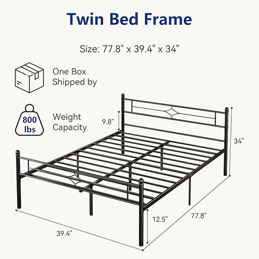 Metal Bed Frame Twin Size - 14 Inch Platform Bed Frame with Headboard/Heavy Duty Sturdy Mattress Foundation/No Box Spring Needed/Easy Assembly, Black, Twin