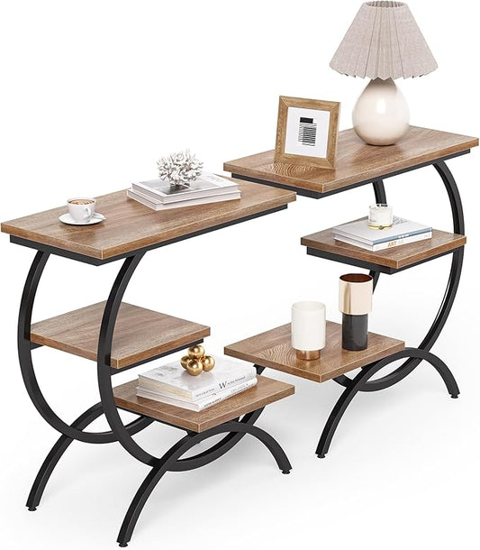 LITTLE TREE End Table Set of 2, Narrow End Table with 3 Storage Shelves, Industrial C-Shaped Small Sofa Side Table for Living Room, Wood Slim Snack Table with Black Metal Frame, Oak