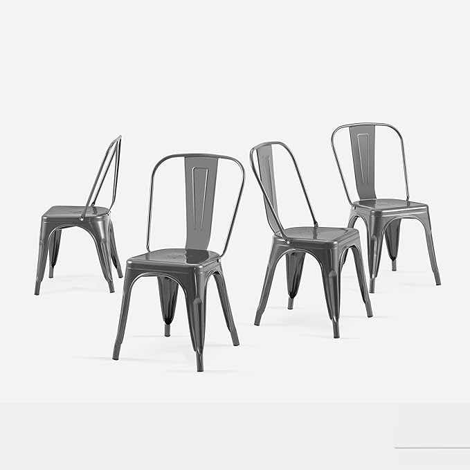 AC Pacific 18 Inch Seat Height Industrial Metal Dining Chairs, Stackable Kitchen or Bar Seat, Durable Modern Design, Versatile Accent Furniture, Set of 4, Grey