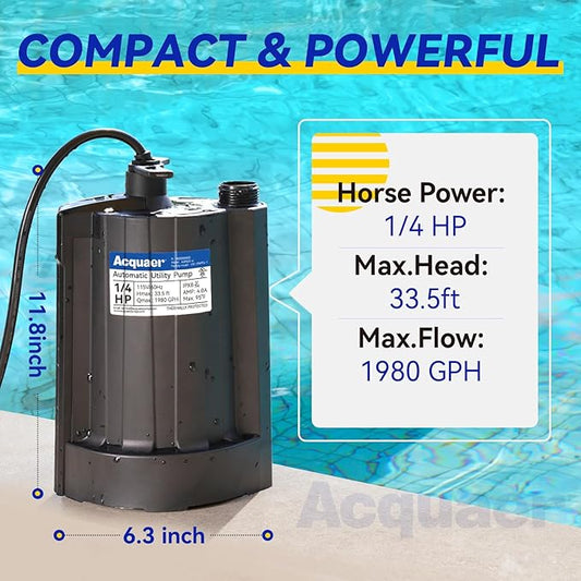 Acquaer 1/4 HP Automatic Submersible Water Pump, 115V Sump Pump with 3/4” Garden Hose Adapter, 1980 GPH High Flow Water Removal for Swimming Pool Cover Hot Tubs Flooded House Basement