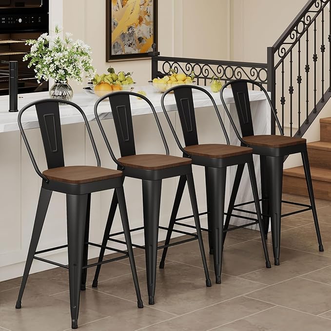 Andeworld Metal Bar Stools Set of 2, 26 inch Counter Height Barstools with Backs Farmhouse Modern High Back Bar Stools with Larger Seat Kitchen Dining Bar Chairs,Matte Black