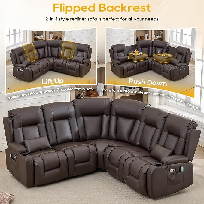 IPKIG Power Recliner Sofa with Flip-Up Backrest Console, USB & USB-C Ports, AC Outlet, LED Lights, Wall Hugger Recliners for Living Room, RV (Brown, 77.53" - 5 Seat) | Faux Leather, Zero Gravity, Dual Reclining, 2 Lumabr Pillow