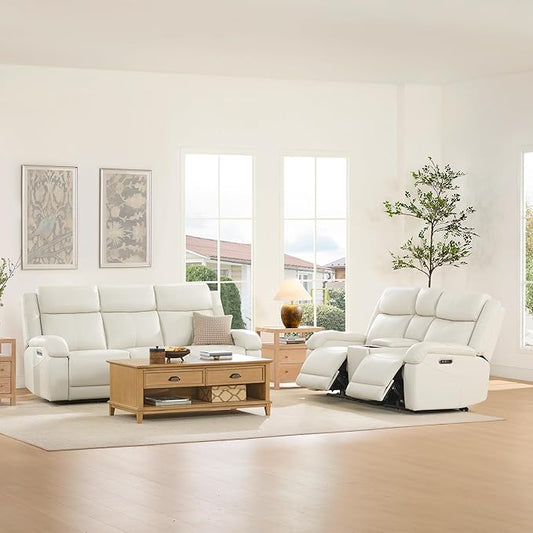 Watson & Whitely Power Reclining Sofa and Loveseat Sets, Genuine Leather Sofa Recliner Couch Set with Power Headrest, Storage Console, USB Ports, Cup Holders, Living Room Furniture Set, Cream