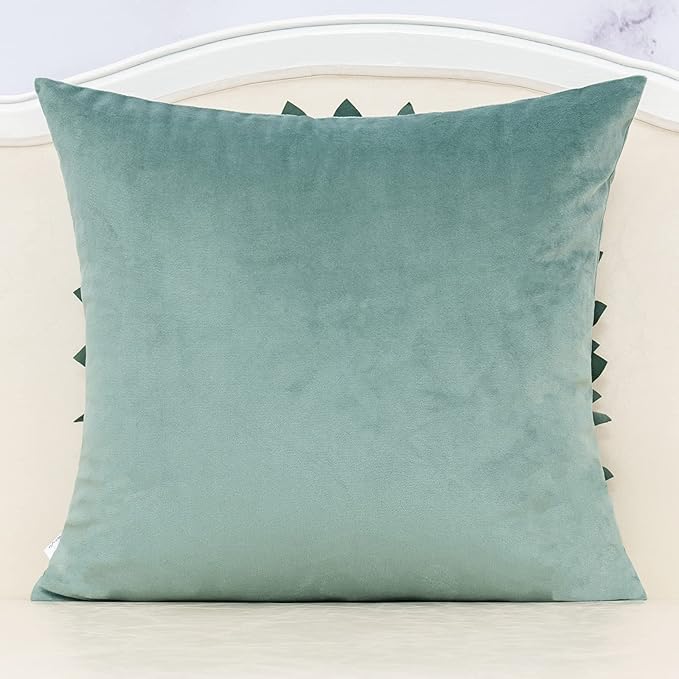 Alerfa 3D Flower Handmade Throw Pillow Cover Decorative Green Velvet Pillowcase Cushion Cover with Hidden Zipper for Couch Bed Living Room Home Decor 18 x 18 Inches