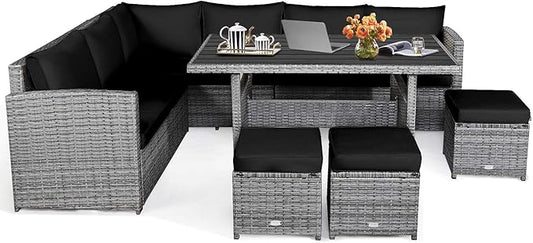 HAPPYGRILL 7 Pieces Rattan Wicker Patio Conversation Set, Outdoor Patio Furniture Set with Cushions, Rattan Sofa Set with Dining Table & Ottomans for Poolside Backyard Balcony Garden (Black)