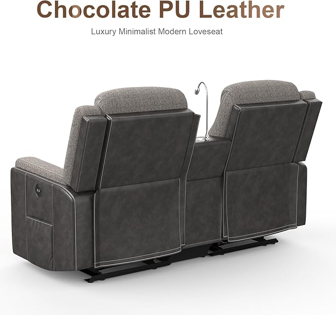 Dresegmt Loveseat Recliner Sofa, Manual Double Recliner with Storage Console, Cup Holder, USB Port & Reading Light, Grey Linen & PU Leather Manual Reclining Couch for Living Room, RV/Theater Seating