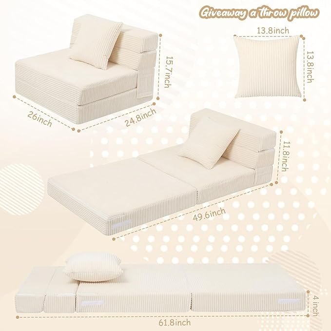 MeMoreCool Folding Sofa for Kids, Corduroy Fold Out Futon Chair, Small Foldable Floor Mattress, Portable Children Couch Sofa, Beige