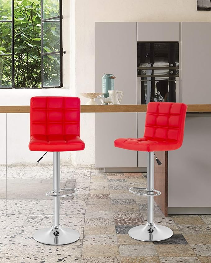BestOffice Modern Bar Stool Set of 2 Barstools Height Adjustable Counter Height Swivel Bar Stool PU Leather Bar Chairs Hydraulic Dining Room Chairs Home Kitchen Stools (Red)