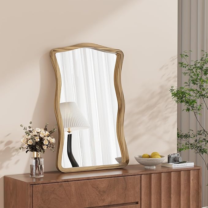 ULIKE Wavy Wall Mirror for Bathroom, 24x36 Wood Frame Mirror for Over Sink, Rustic Wall Mirrors Decorative and Vanity Mirrors for Bedroom Living Room Entryway, Brown