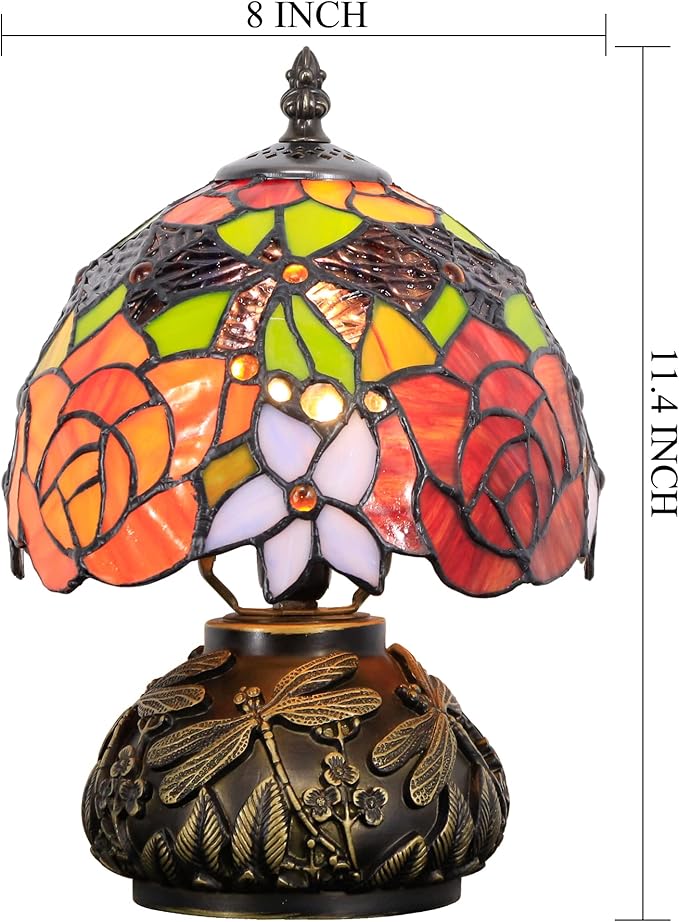 Small Tiffany Lamp Mini Stained Glass Table Lamp Red Yellow Rose Style Mushroom Desk Light Memory Sympathy Lamp 8X11 Inch