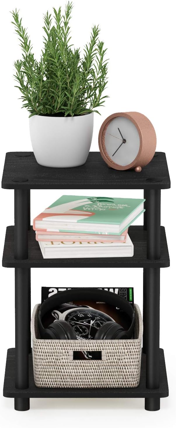 Furinno TURN-N-TUBE Side Table, 3-Tier Square Modern End Table, Open Shelves Nightstand, Night Stand, Bedside Table, Easy Assembly, for Living Room, Bedroom, Blackwood | Easy Assembly, Multipurpose